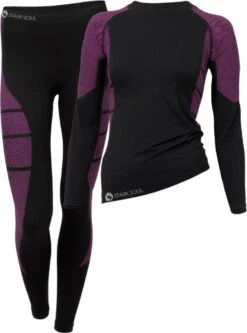 Dames Sportset - Thermo - Sportshirt Met Lange Mouwen - Sportlegging Lang - Quick Dry - Zwart/Roze - Maat L/XL