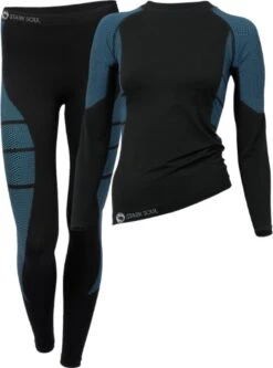 Dames Sportset - Thermo - Sportshirt Met Lange Mouwen - Sportlegging Lang - Quick Dry - Zwart/Turquoise - Maat L/XL
