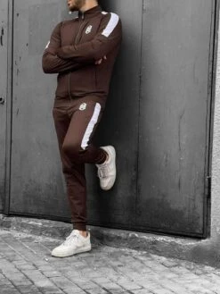 Merkloos HEREN TRAININGSPAK-JOGGINGPAK BROWN-WHITE-MAAT S