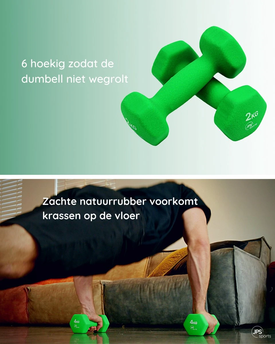JPS Sports® Dumbells - Gewichten - Dumbells 3kg - Dumbells Set 2 X 3 Kg - Zeshoekig - Duurzaam - Groen 4 JPS Sports® Dumbells - Gewichten - Dumbells 3kg - Dumbells Set 2 X 3 Kg - Zeshoekig - Duurzaam - Groen - Afbeelding 2