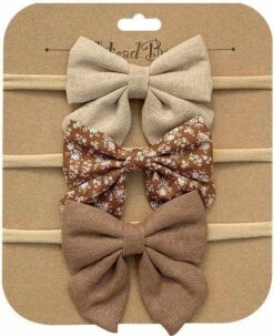 3 Stuks - Baby & Meisjes Haarbandjes Strik (0-5 Jaar) - Bruin Gebloemd Beige